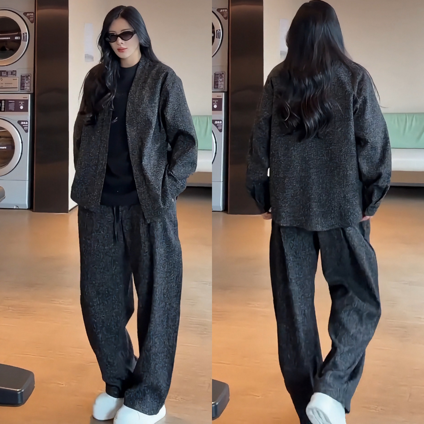 2026年春季新款老钱风休闲直筒裤黑色立体剪裁垂感裤子男长裤套装