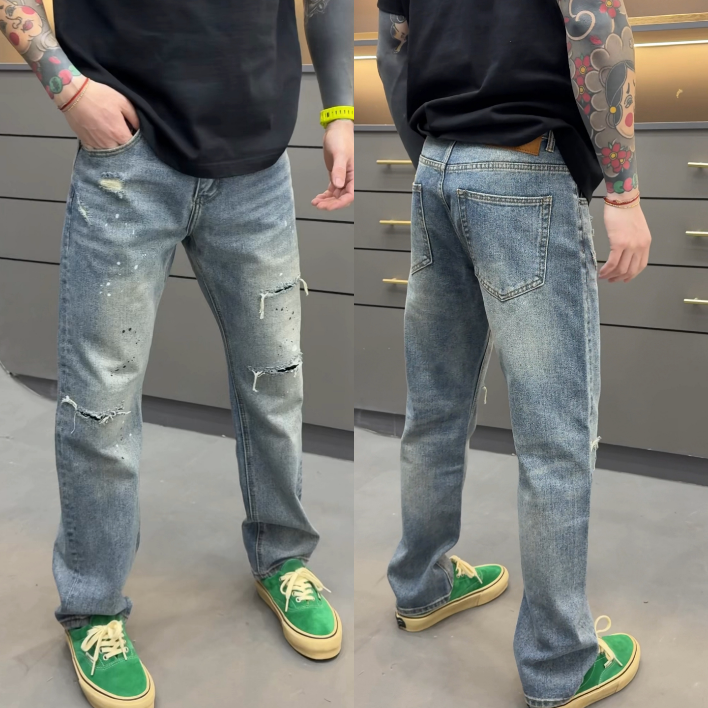 春季新款复古水洗假破洞直筒牛仔裤男士时尚百搭潮流蓝色休闲长裤