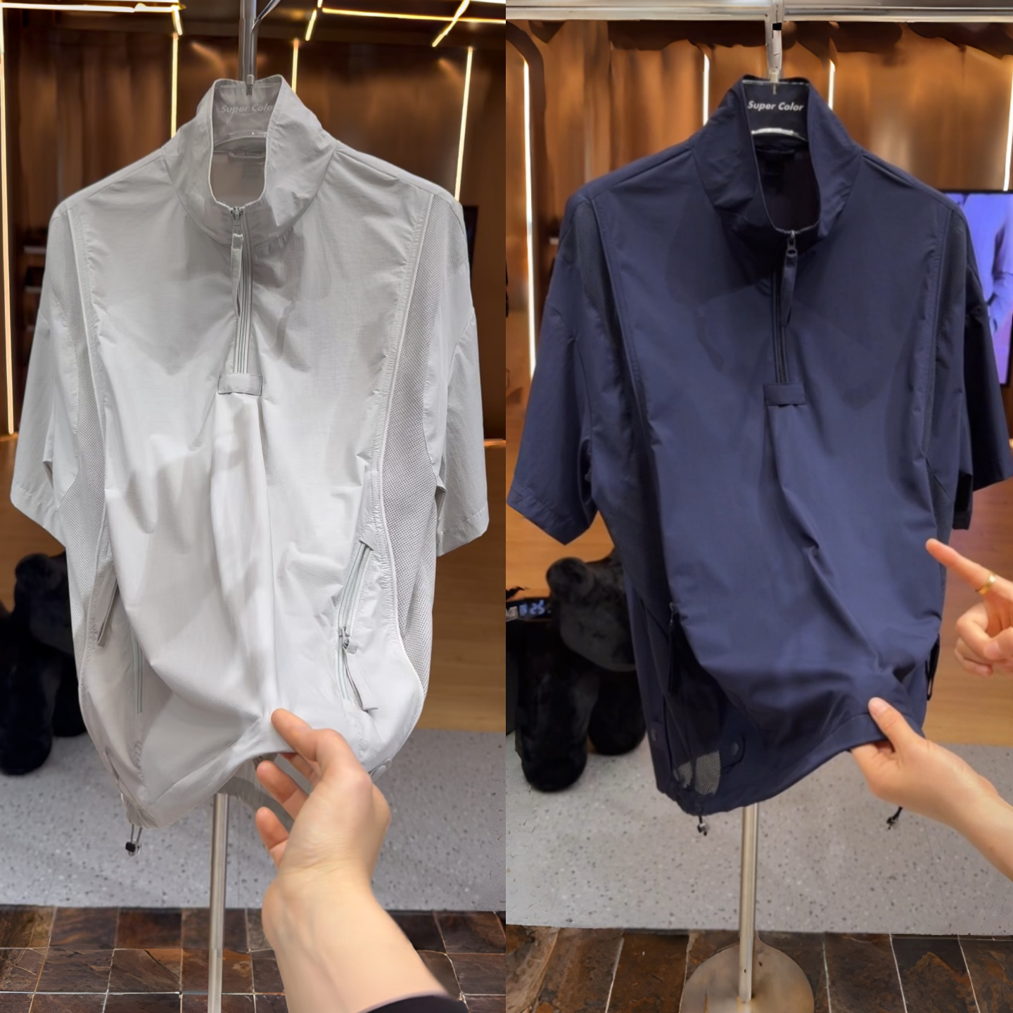 2026年春季新款半拉链短袖T恤男士透气立领拼接上衣潮流简约男装