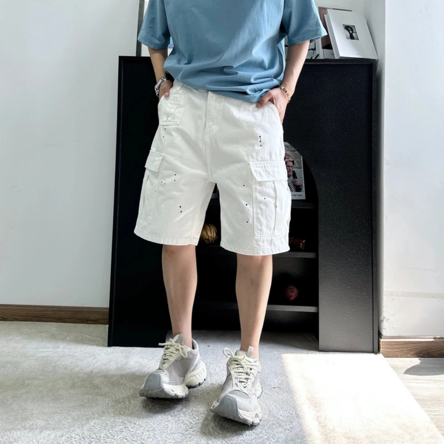 夏季男士韩版新款重磅水洗宽松工装大口袋白色竹节牛仔短裤五分裤