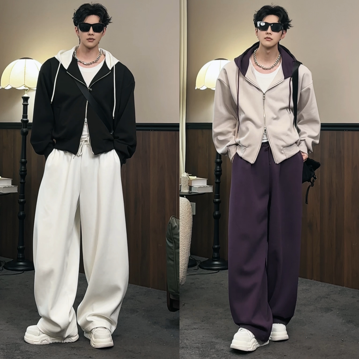 美式潮牌撞色连帽卫衣卫裤两件套春季新款男士时尚休闲高级感套装