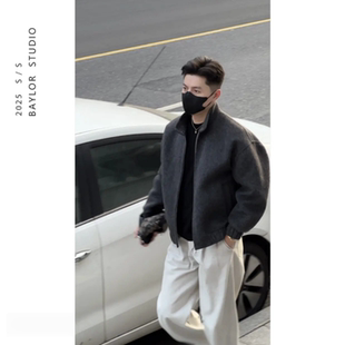 春季新款男士时尚休闲简约百搭廓形立领夹克重磅高品质拉链款外套