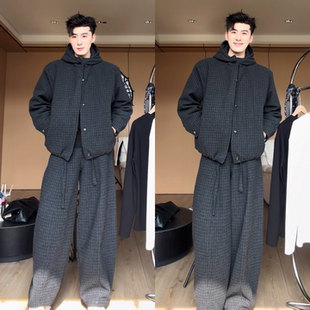 格纹设计感时尚休闲套装冬季新款男士韩系高级感气质连帽外套长裤