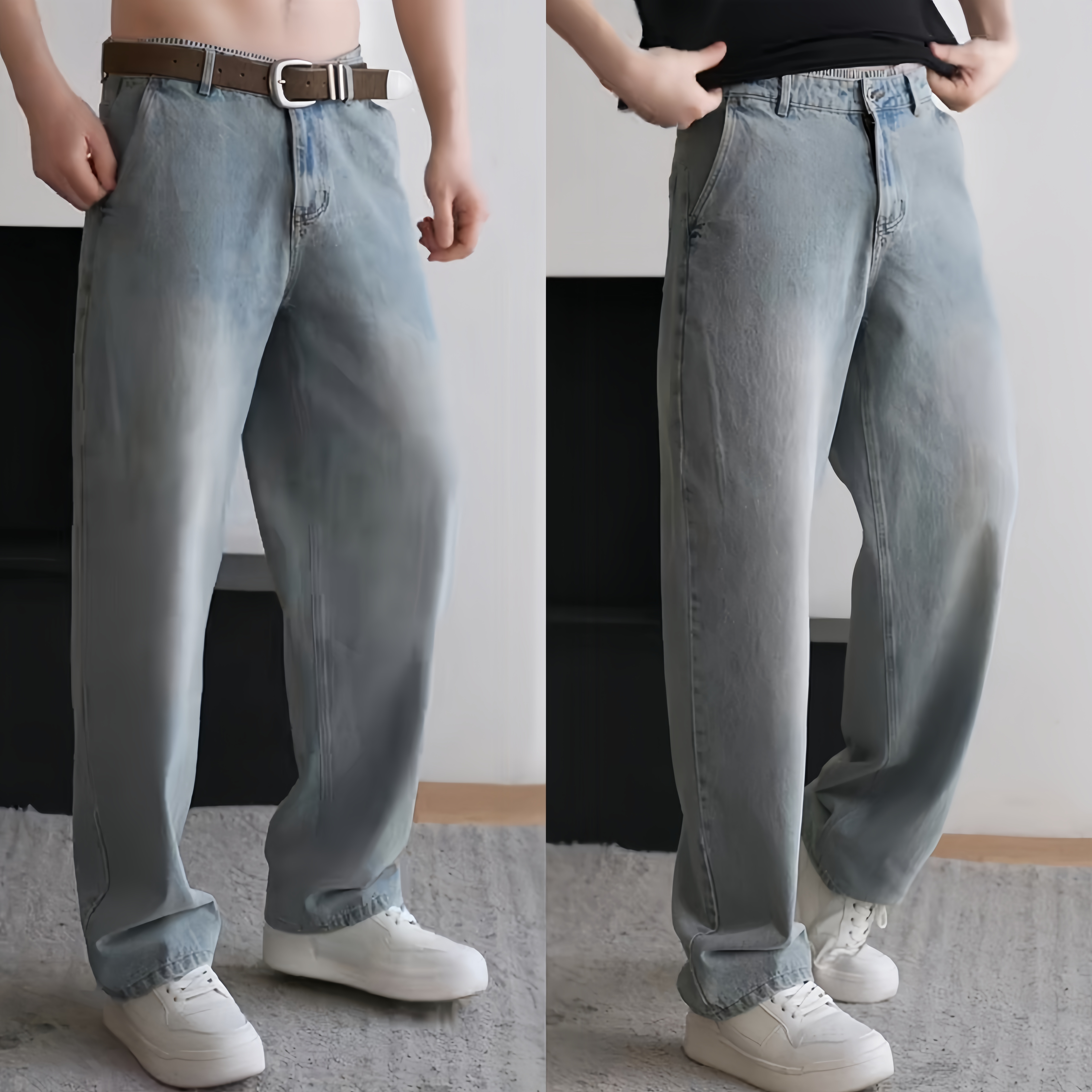 2026年春季新款美式复古男士中腰牛仔裤水洗蓝色潮流百搭直筒长裤