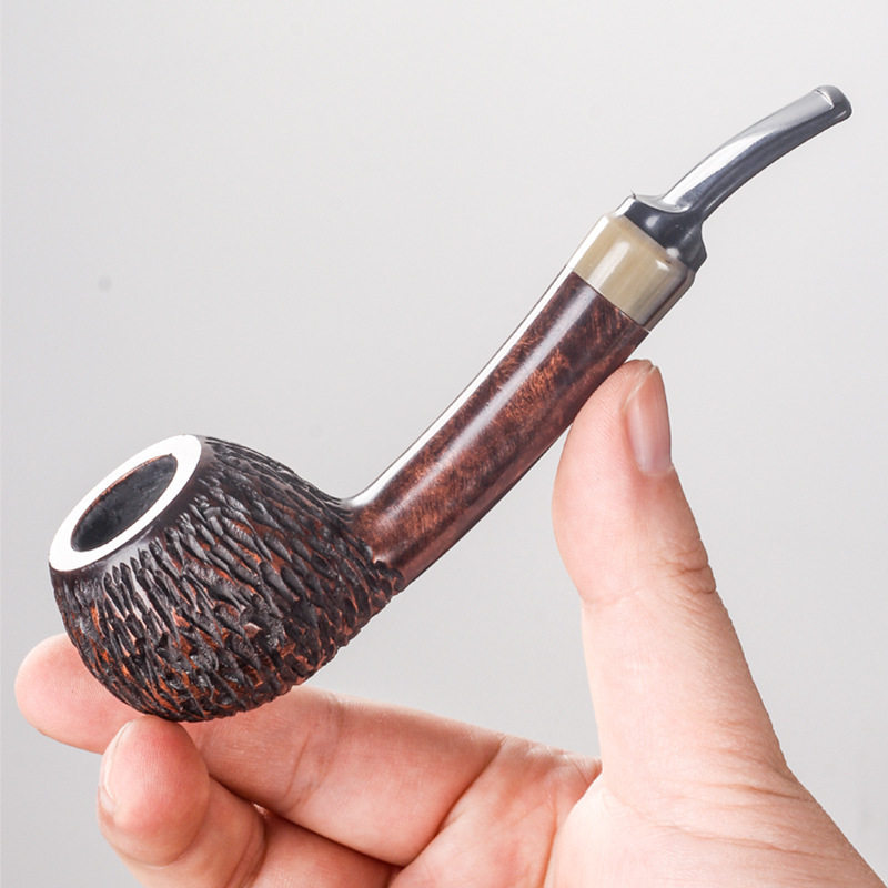 石楠木牛角圈长柄麻面可拆卸烟斗