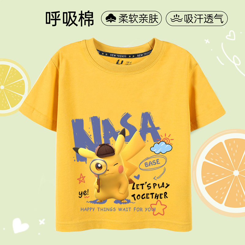 日系卡通动漫男童女童短袖t恤夏季重磅纯棉中大童皮卡丘儿童衣服