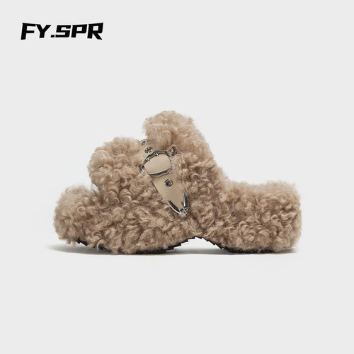 方元日记FYSPR Danazana联名厚底增高显瘦外穿咖色一字泰迪毛毛拖