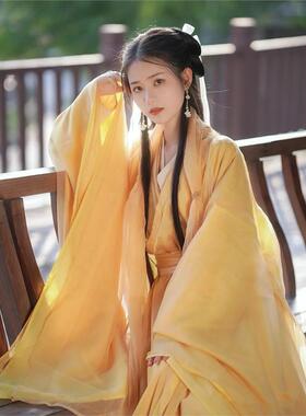 2022新款汉服女成人大袖衫交领直裾魏晋风黄色古装超仙气