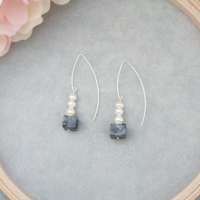 手工足银999纯银长耳钩天然珍珠拉长石方块黑色长耳环耳坠防过敏