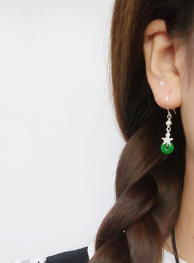 手工足银999纯银星星小巧可爱玉耳环绿色平安扣小耳坠养耳防过敏