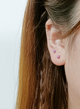 极小2/3mm天然紫云母999纯银足银简约小圆球紫色小耳钉耳骨钉养耳