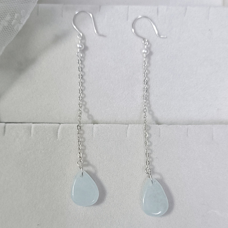 999纯银天然翡翠玉水滴长耳坠