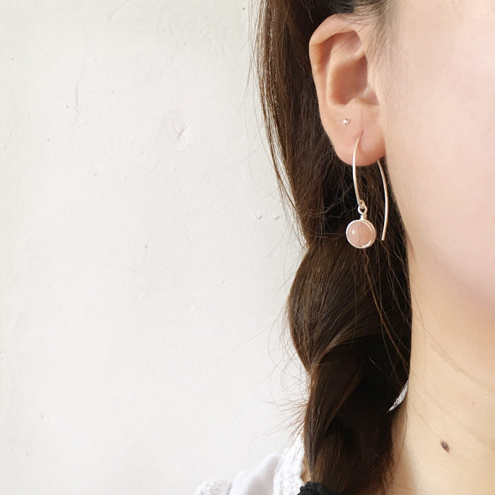 手工原创999足银纯银粉长耳环天然粉红澳宝滑石长耳坠耳环防过敏