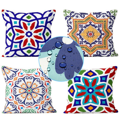新款波西米亚风创意花纹花朵防水抱枕套户外沙发靠垫套
