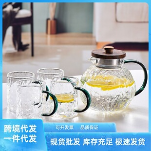 新品 家用实木盖冰川锤纹冷水壶耐热大容量带把玻璃凉水壶水具套装