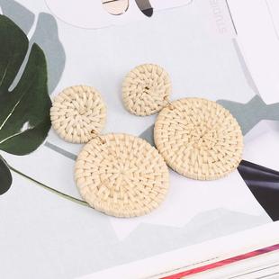 欧美复古双圆形藤编耳环复古夸张木质圆饼手工编织耳饰