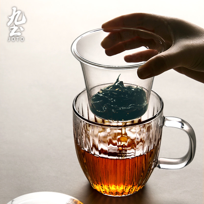 日式玻璃杯花茶杯带把茶水分离过滤泡茶杯女家用水杯透明杯子带盖_虎窝淘
