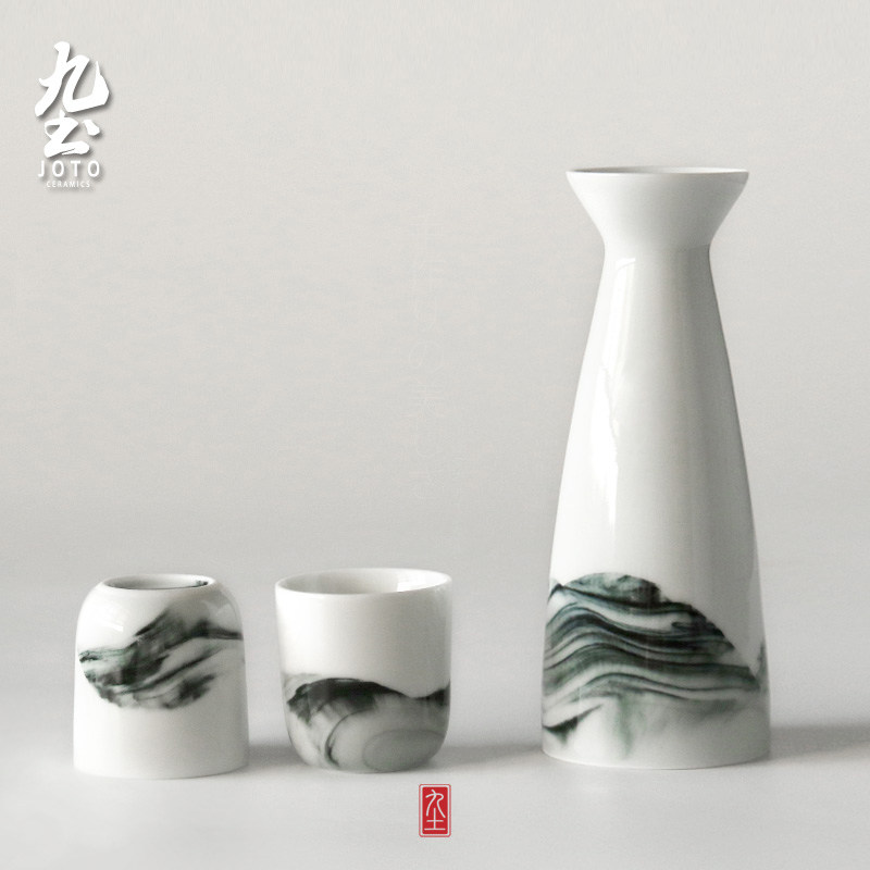 日式陶瓷清酒壶套装水墨酒具套装白酒壶个人酒器手工泼墨酒瓶酒杯