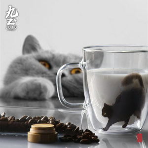 九土简约家用玻璃杯女网红双层隔热水杯咖啡杯猫咪艺术马克杯杯子