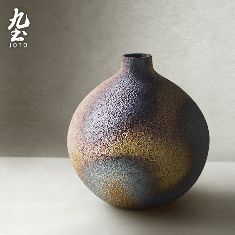 手工粗陶花瓶复古仿柴烧做旧花器客厅摆件干花花瓶插花创意装饰品