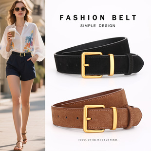 腰带女棕 针扣配牛仔裤 皮带女真皮装 饰简约百搭小众设计感绒面秋季