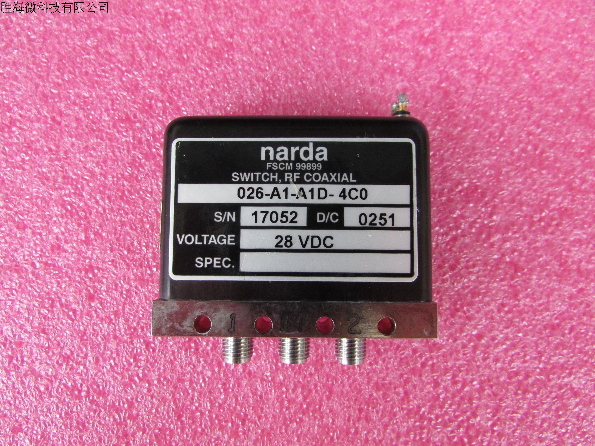 narda进口 026-A1-A1D-4C0  DC-26.5GHz 500W SMA 28V  单刀双掷同轴开关 质量包好，包能用，可提供详细测试图。 工作频率：DC - 26.5 GHz 工作电压：28VDC 两条线控制 工作温度:-55  - +85 ℃
