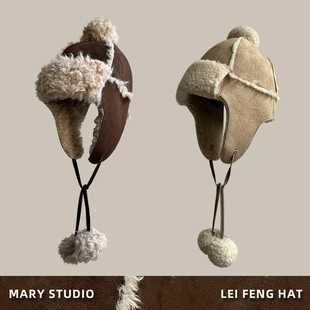 秋冬皮毛一体咖啡色雷锋帽东北保暖护耳毛毛帽子女时尚 百搭毛球帽