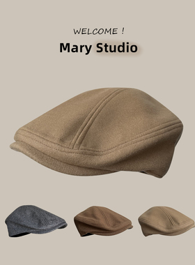 秋冬毛呢鸭舌帽羊毛混纺棕黄色美拉德风帽子女2023新款纯色前进帽