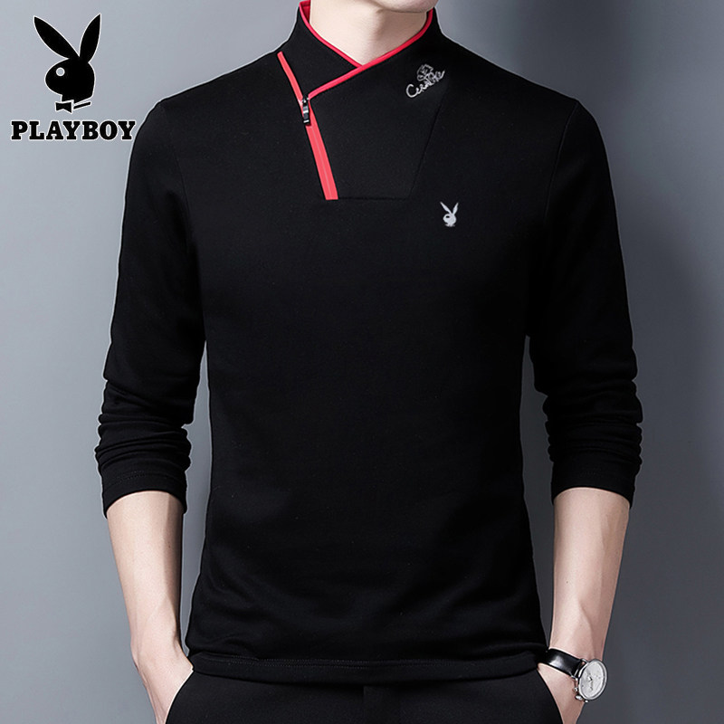 花花公子长袖t恤男士半高领纯棉卫衣秋季新款男装纯色修身打底衫