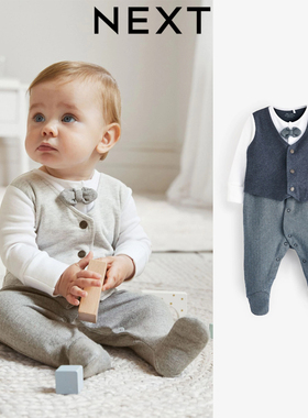 英国Next婴幼百天长袖连体礼服满月英伦男宝宝周岁儿童纯棉连体衣