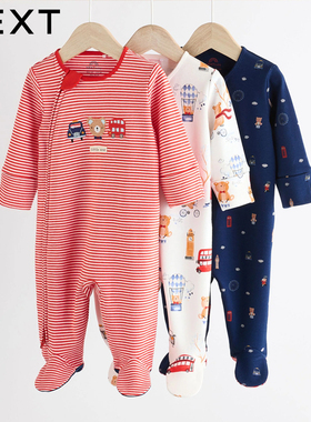 英国NEXT婴儿长袖连身睡衣新生包脚爬服宝宝春秋汽车纯棉连体哈衣