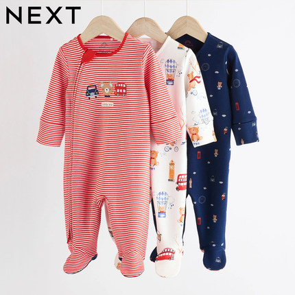 英国NEXT婴儿长袖连身睡衣新生包脚爬服宝宝春秋汽车纯棉连体哈衣