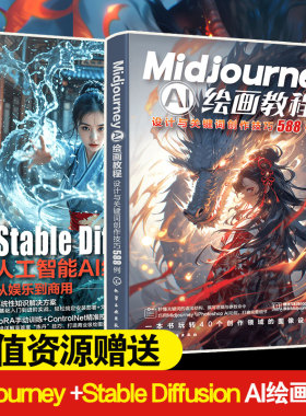2册 Midjourney AI绘画教程 设计与关键词创作技巧588例+Stable Diffusion人工智能AI绘画教程 从娱乐到商用 资源赠送 正版书籍