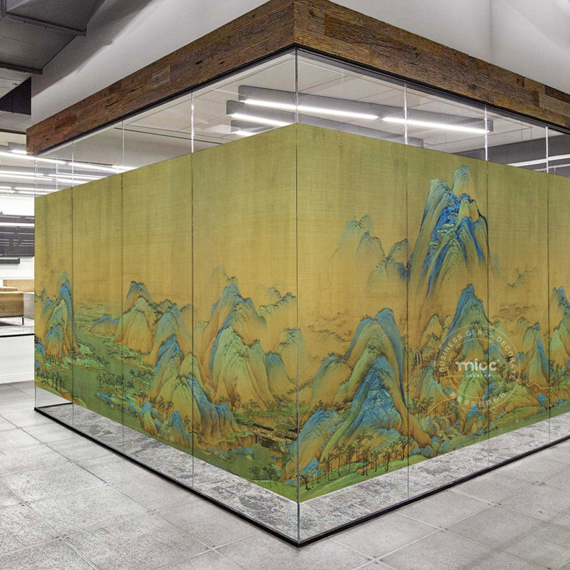 千里江山图中国风古代名画办公室磨砂膜玻璃贴纸山水荷花图案定制