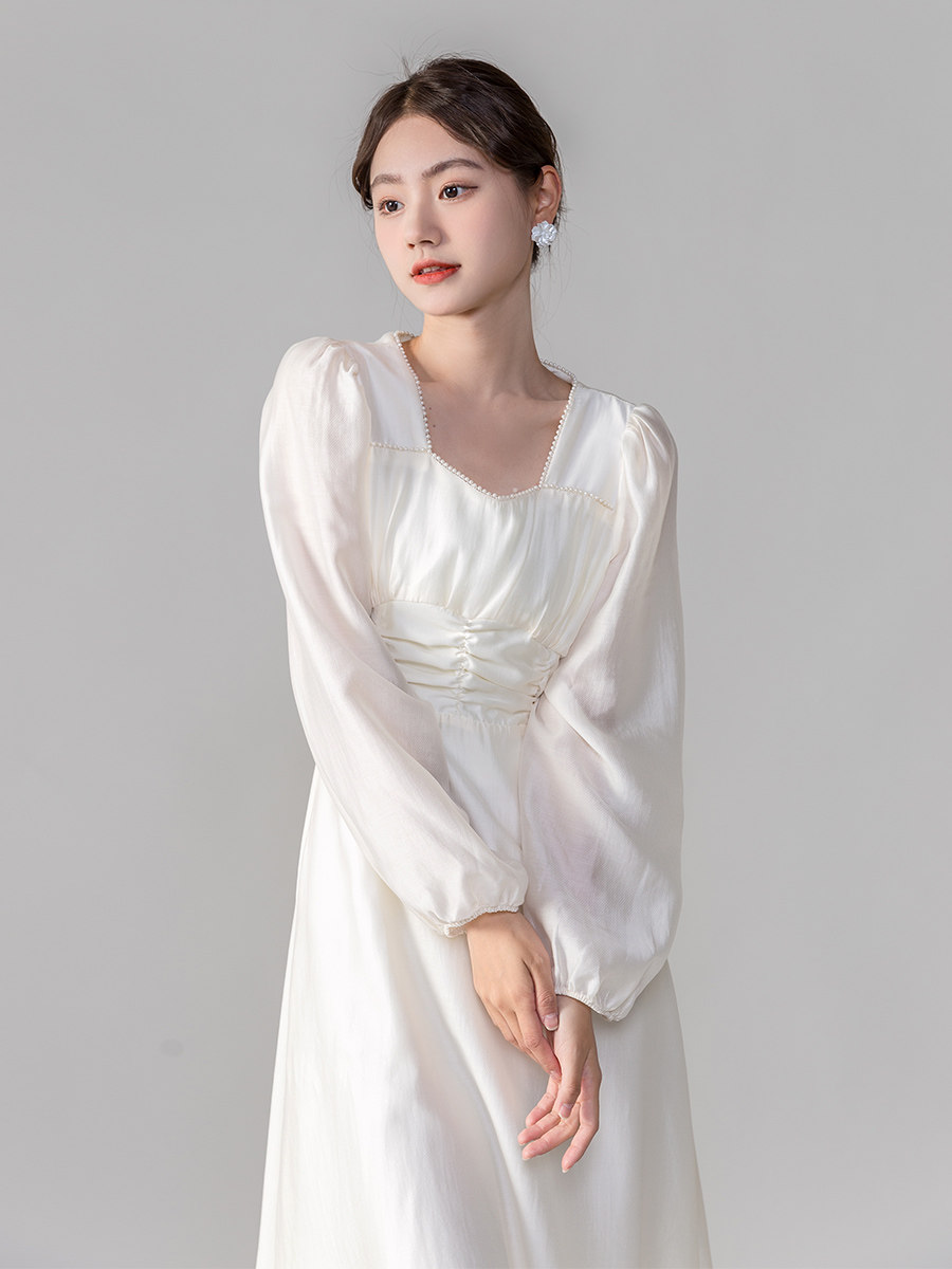 ENJOYME白色连衣裙女2024新款夏季法式小个子高级感长袖中长裙子