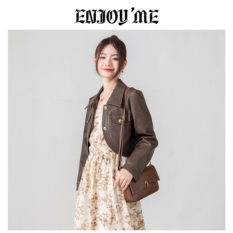 ENJOYME复古气质套装女2024秋季新款碎花吊带裙+皮衣修身显瘦外套