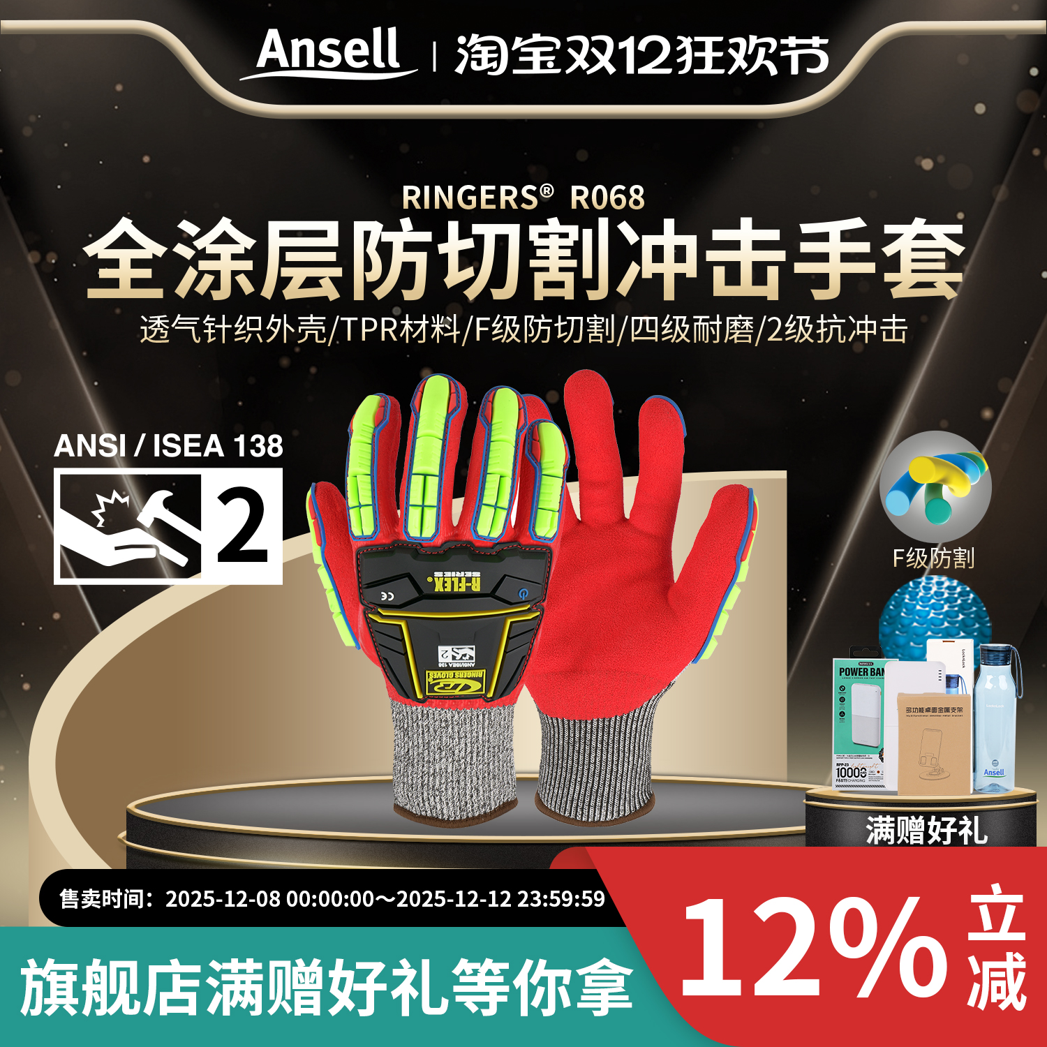 安思尔R068抗冲击2级手套F级防割