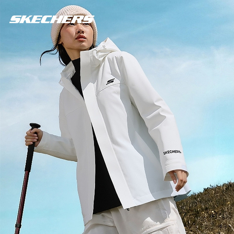 斯凯奇女装冬季新款梭织运动服防泼水白色外套正品登山服冲锋夹克