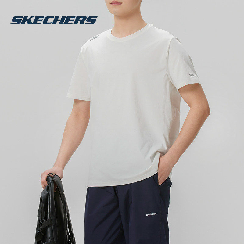 斯凯奇短袖男女同款运动上衣白色针织透气半袖春夏新款休闲T恤衫