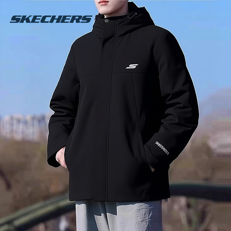 斯凯奇男装冲锋上衣春季新款登山服黑色连帽夹克官方正品男士外套