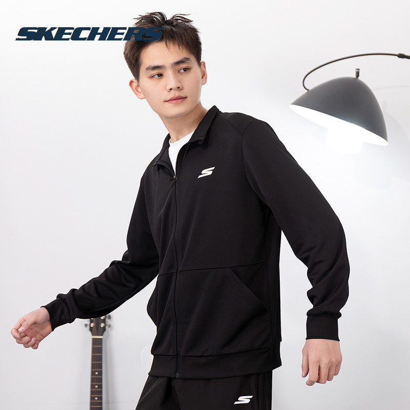 斯凯奇男士上衣纯黑色针织柔软夹克衫春季新款立领运动服男装外套