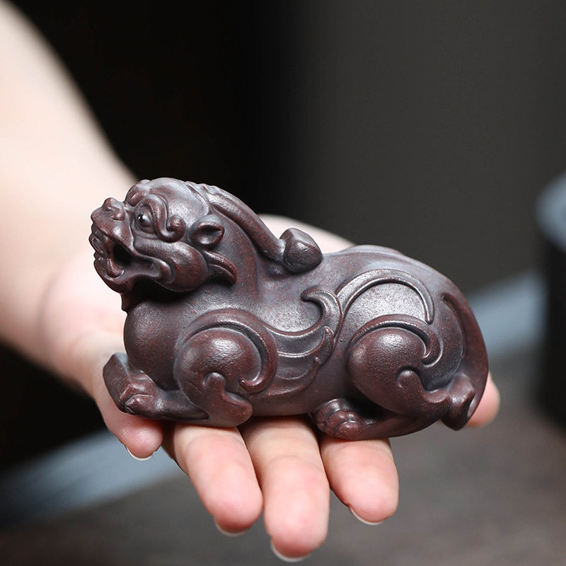宜兴紫砂茶宠麒麟摆件手工瑞兽招财貔貅茶具配件茶桌雕塑周边可养