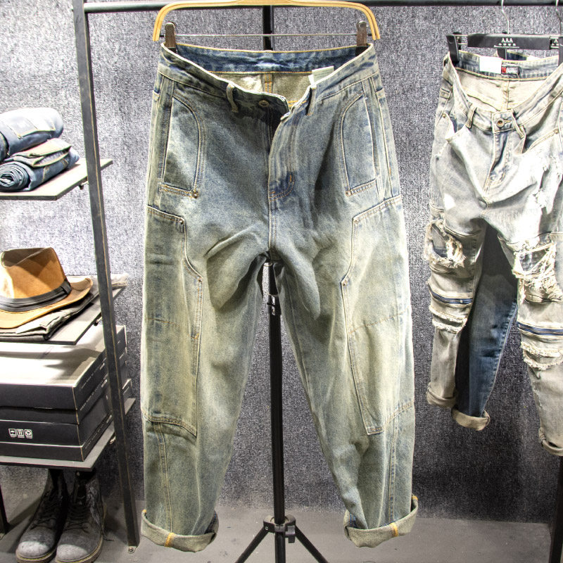 三古木棉高端做旧水洗阔腿裤子男春秋款大补丁牛仔裤男宽松直筒,男装,牛仔裤,淘宝优惠券,粉丝福利购,淘宝优惠卷