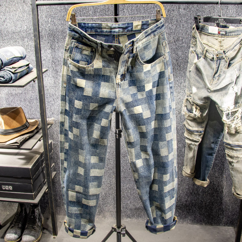 三古木棉高端潮牌大码怀旧复古格子牛仔裤男宽松直筒裤子男春秋,男装,牛仔裤,淘宝优惠券,粉丝福利购,淘宝优惠卷