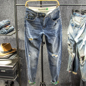 男潮牌ins宽松小脚长裤 子男春秋痞帅破洞牛仔裤 裤 三古木棉很仙