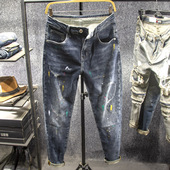 小脚长裤 三古木棉春秋季 潮牌泼墨牛仔裤 男修身 补丁破洞裤 子男款