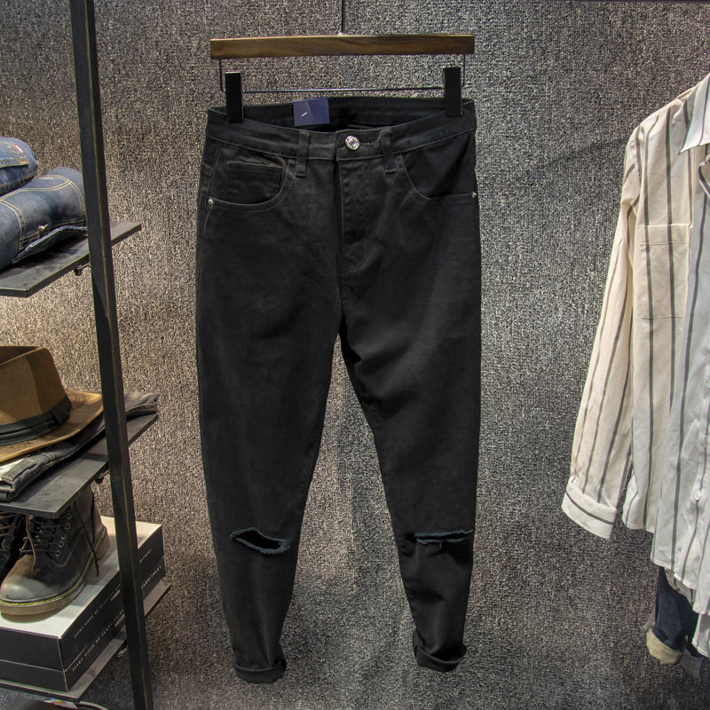 三古木棉秋季新款黑色一字破洞牛仔裤男小脚裤小破洞简约乞丐裤