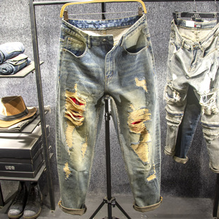 三古木棉大码乞丐大破洞牛仔裤男宽松直筒阔腿补丁裤子男秋冬款