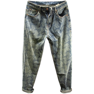 三古木棉美式高街复古牛仔裤男宽松直筒秋冬款印花裤子男设计感
