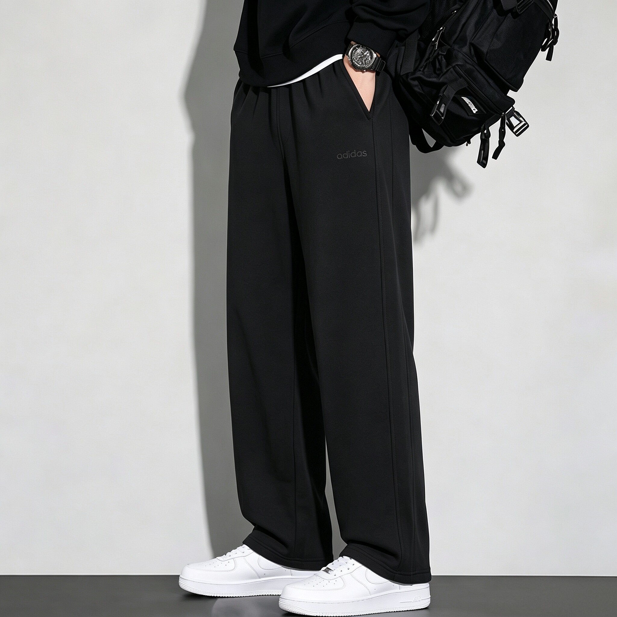 Adidas阿迪达斯男黑色直筒运动长裤舒适透气时尚百搭休闲裤KS2303
